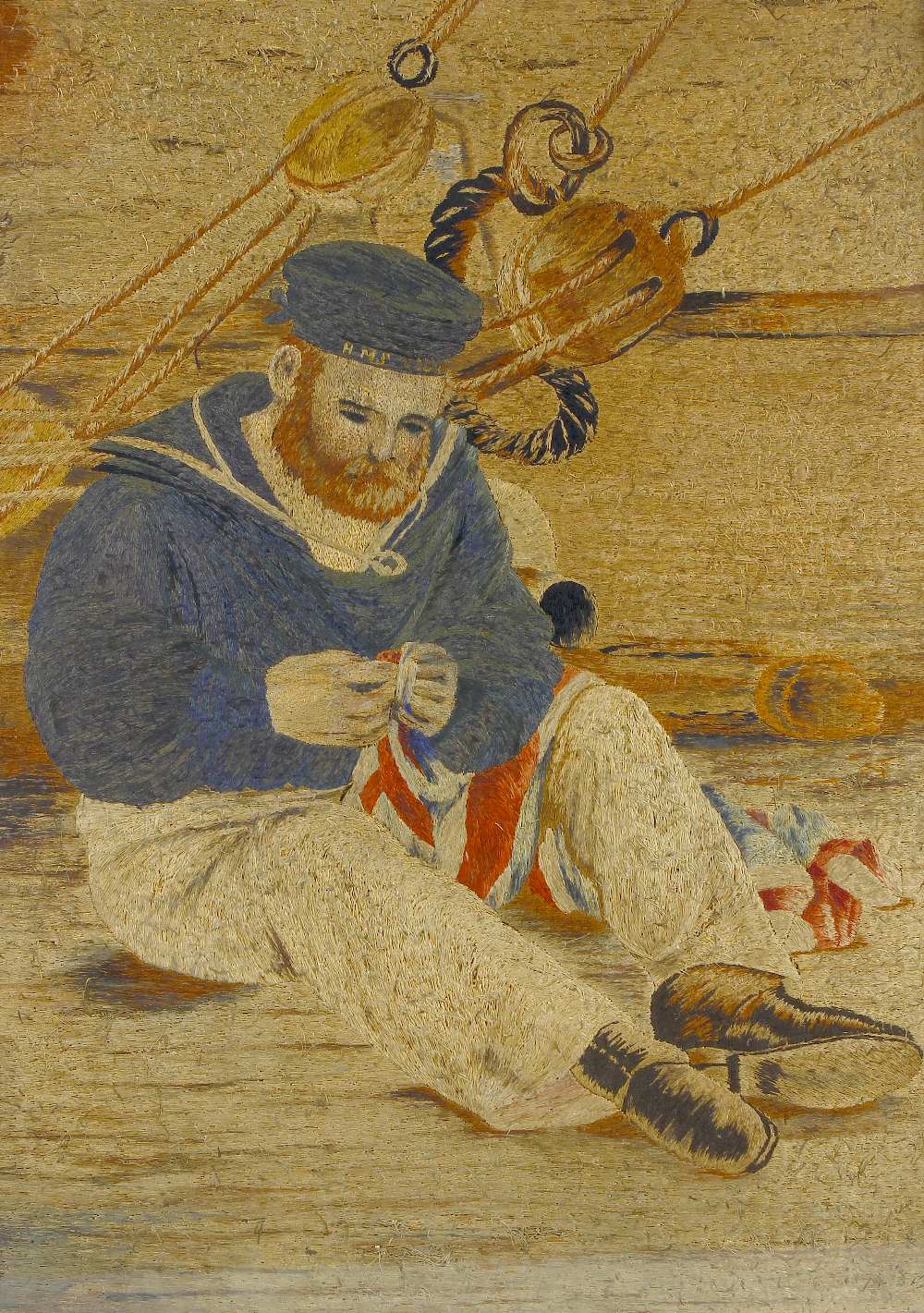 A Victorian needlework sampler. Depicting a sailor sewing a Union Jack flag upon a ship deck, 15 x