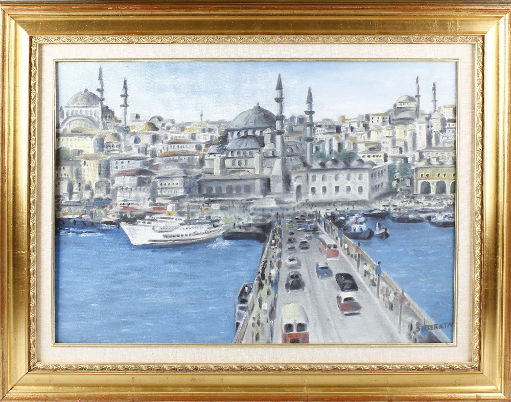 Turkish School, (20th century)View of Istanbul with Hagia Sophia from the river Oil on - Image 2 of 3