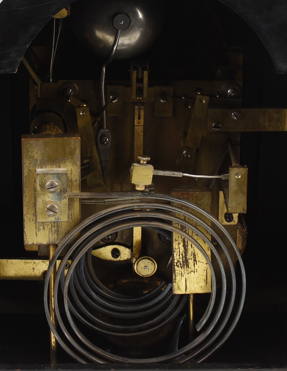 A good late 19th century ebonised triple fusee bracket or table clock The 8-inch arched brass dial - Image 3 of 3