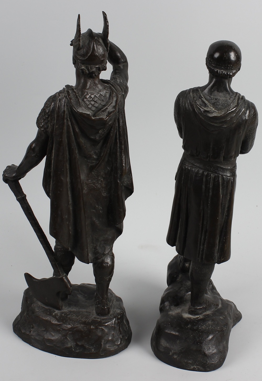 Two bronze figures. Modelled as a Viking and Crusader stood upon naturalistic base having cast - Image 2 of 2