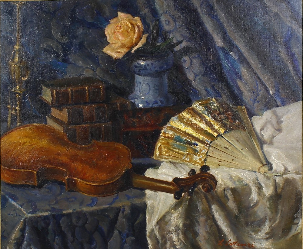 L. Lattanzi (Italian, 20th century)A pair of still lives: Wooden flute, teaset and candelabrum on - Image 2 of 3