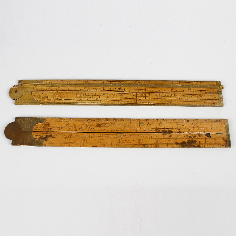 Two Victorian brass-mounted boxwood folding rules. The first stamped 'E. PRESTON & SONS MAKERS