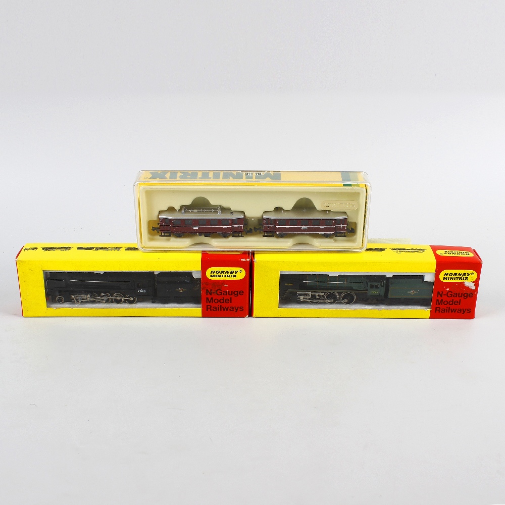 Six Hornby minitrix and Graham Farish N gauge model railway locomotives. To include Britannia, 9F,