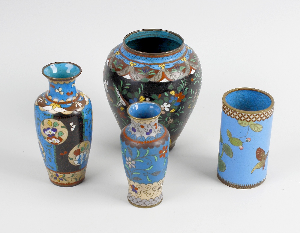 A box containing a group of mainly late 19th century cloisonne wares. To include a small beaker