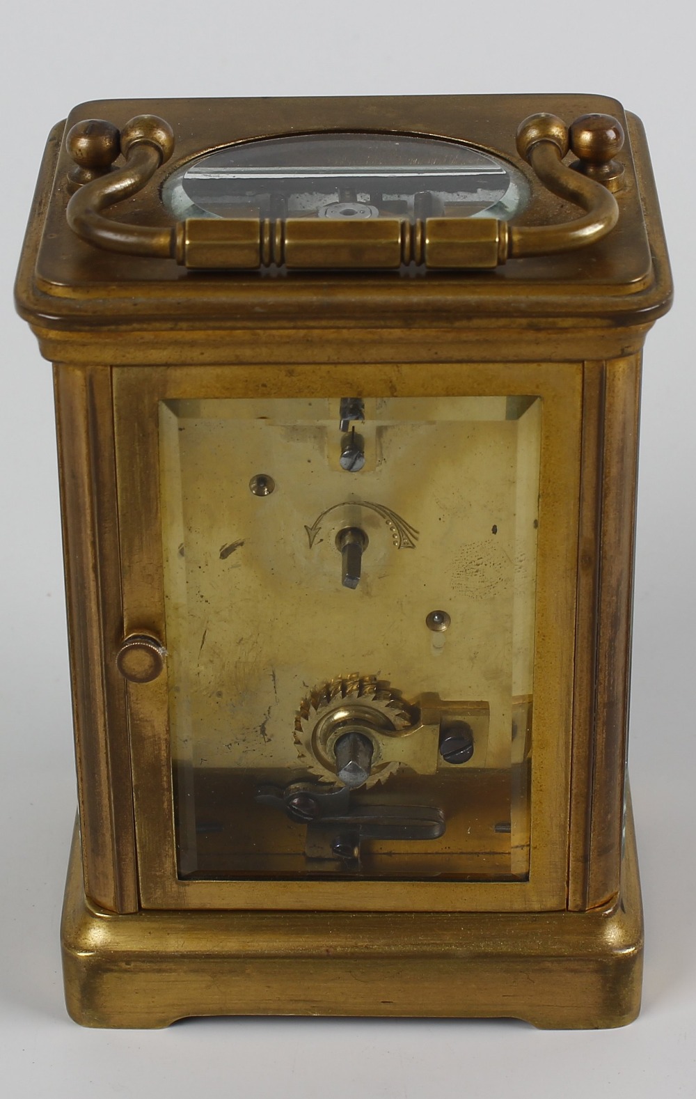 A late 19th century brass cased carriage clock. The 2 inch white dial with black Roman numerals - Image 3 of 5