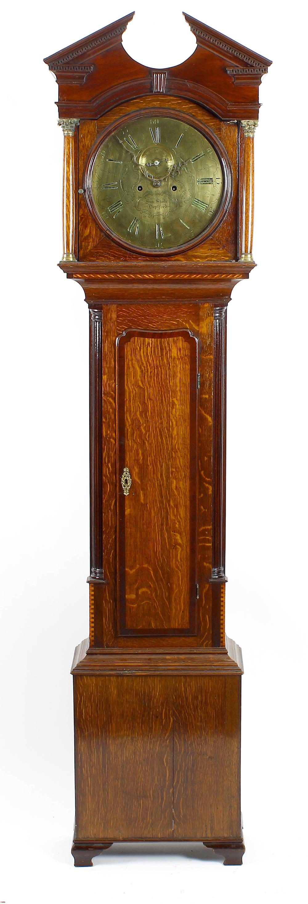 An early 19th century oak and mahogany-cased 8-day brass dial longcase clock Simeon Shole, Deptford,