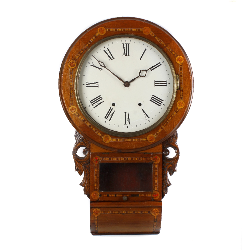 A late 19th century inlaid walnut drop dial wall clock. The white painted circular dial with black