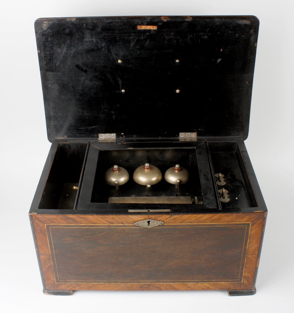 A late 19th century inlaid 'bells in sight' cylinder music box, the 6-inch barrel with complete