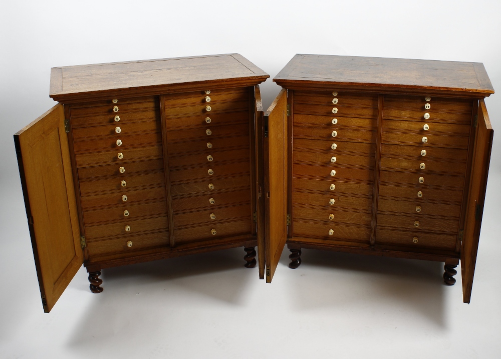 A fine pair of oak specimen cabinets. The plain rectangular top over twin doors, opening to reveal - Image 2 of 3