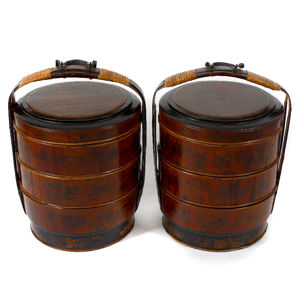 A pair of Chinese wedding baskets Each of barrel form with cane-wrapped handle over circular cover