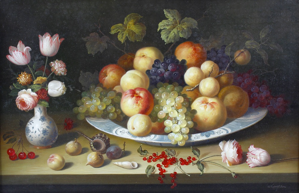 R. Casper (20th century)Still life with shells, a bowl of fruit, and vase of flowers on a table