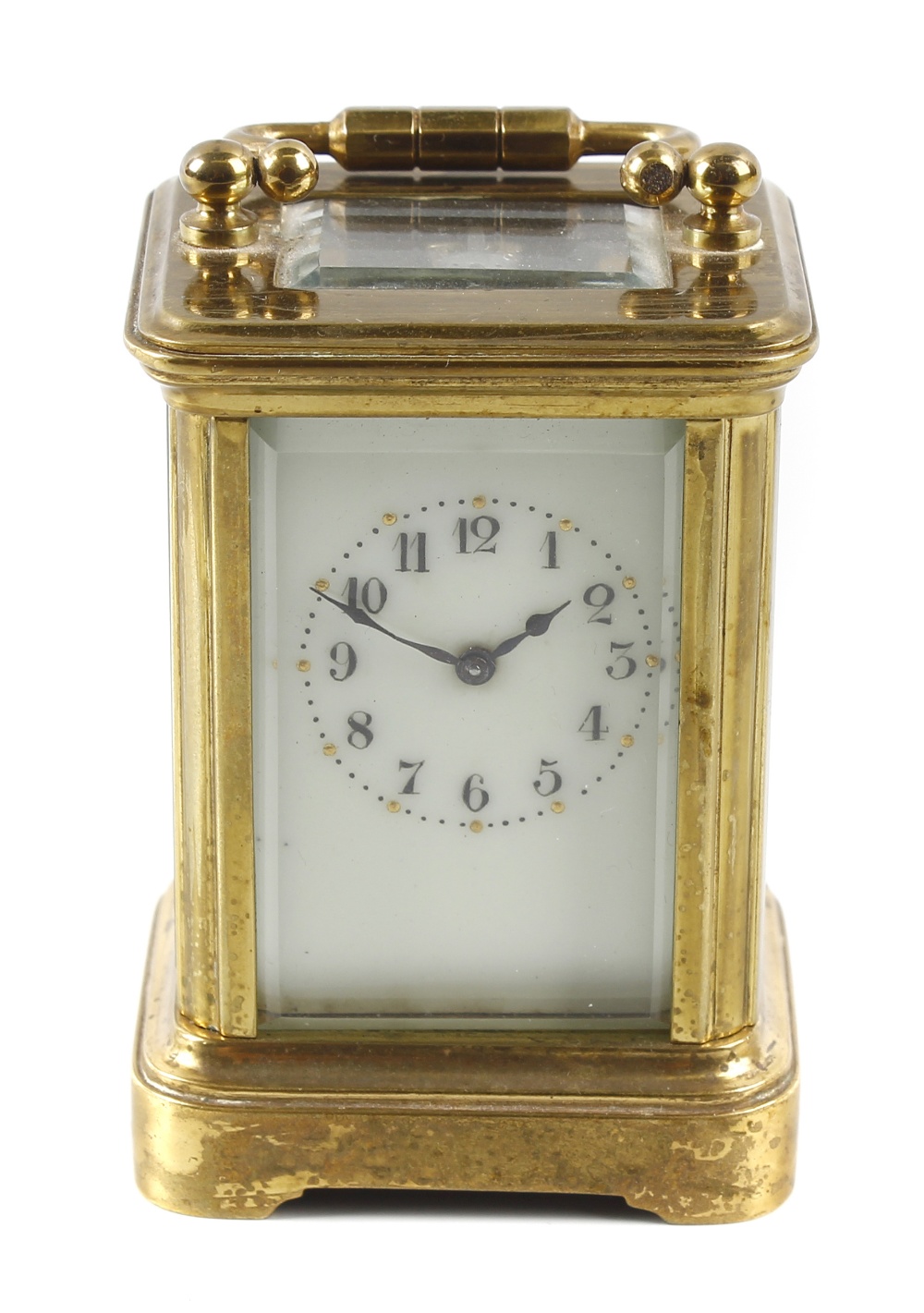 A miniature brass corniche case (mignonette) carriage clock, the cream enamelled Arabic dial with