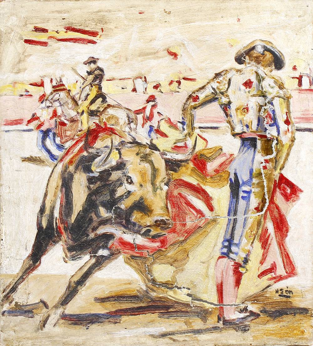 A pair of 20th century Spanish School oil paintings on canvas, depicting Bullfighters, signed to