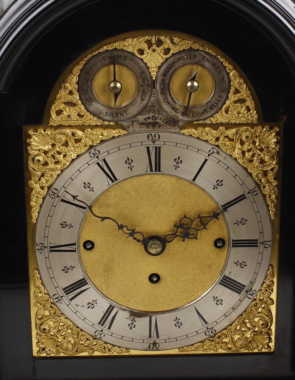 A good late 19th century ebonised triple fusee bracket or table clock The 8-inch arched brass dial - Image 2 of 3