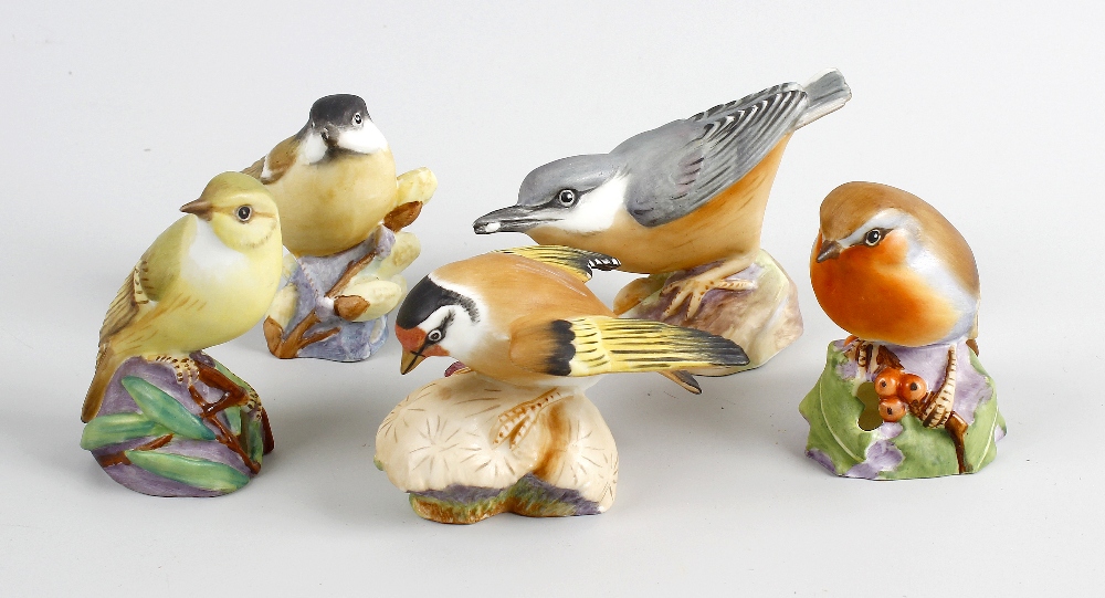 Five Royal Worcester bone china models of birds, comprising 'Robin', 'Wood Warbler', 'Goldfinch', '