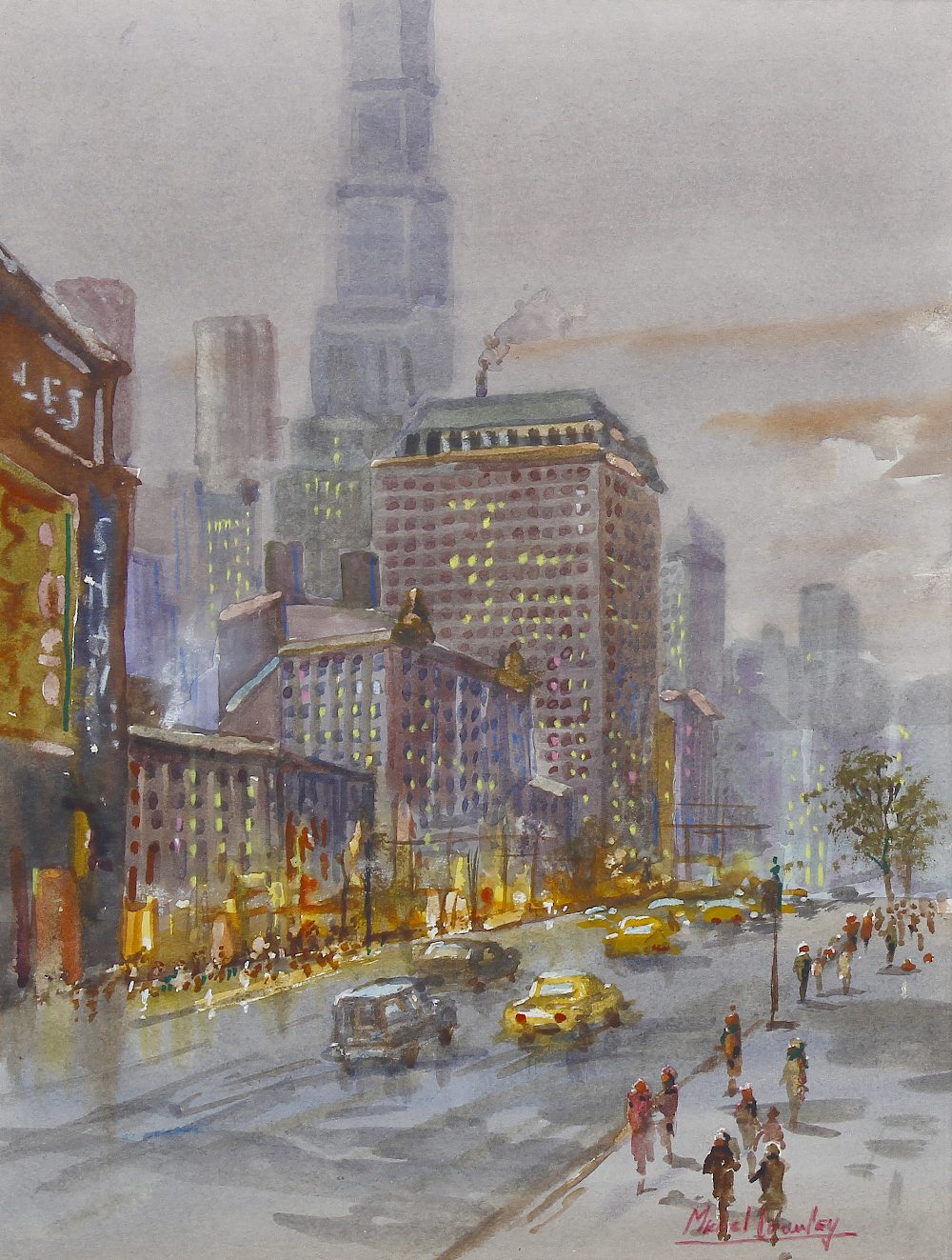 Michael Crawley (Modern) Winter Broadway, New York Watercolour Signed to lower right hand corner