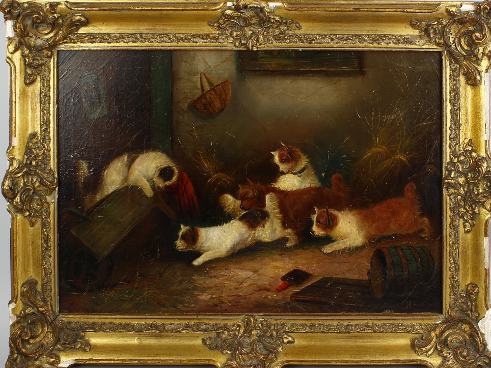Oil on canvas Interior barn scene of ratting terriers Indistinctly signed to lower right hand corner - Image 2 of 3