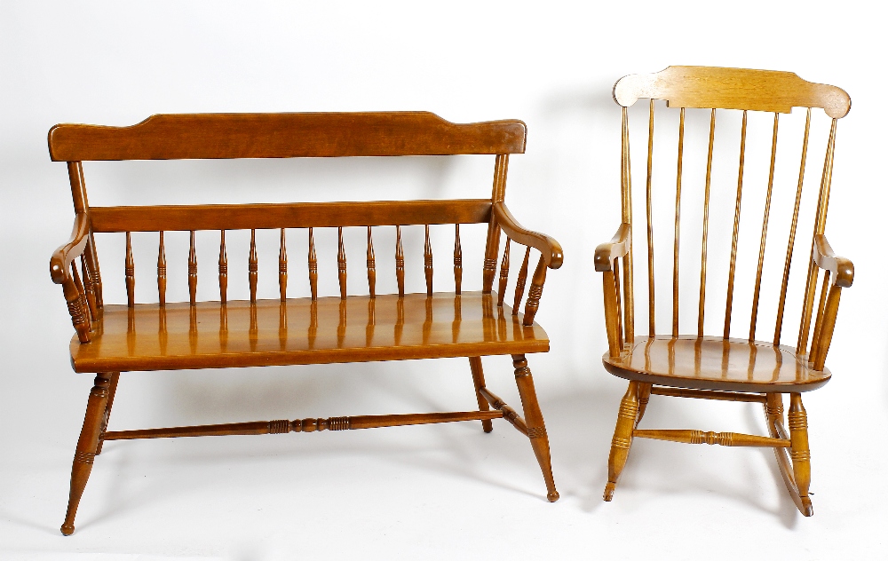 A group of American 'Ethan Allen' maple furniture. To include rocking chair, two seater settle or