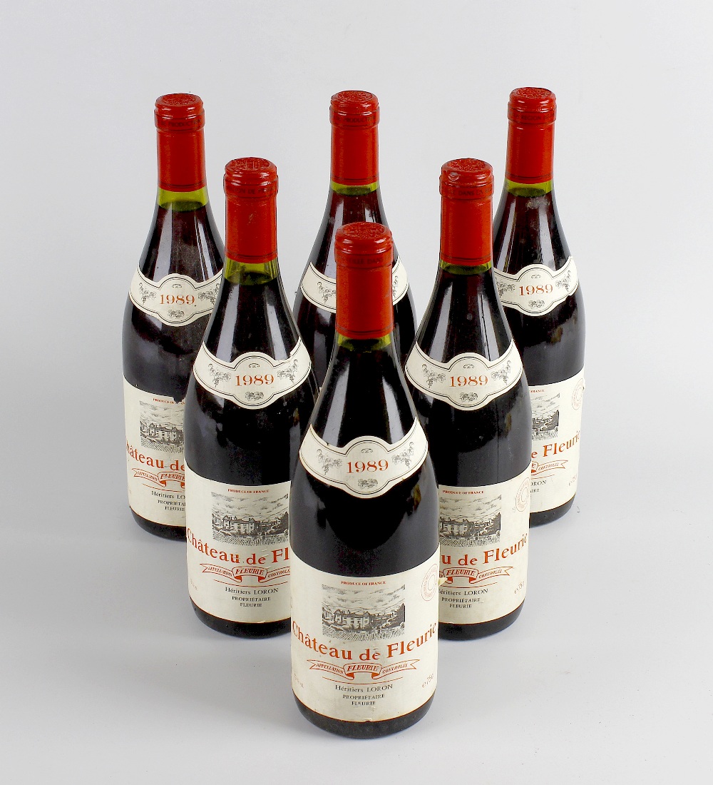 Six bottles of Chateau de Fleurie 1989, 750 ml, 13% volume. Displaying some sediment to contents and