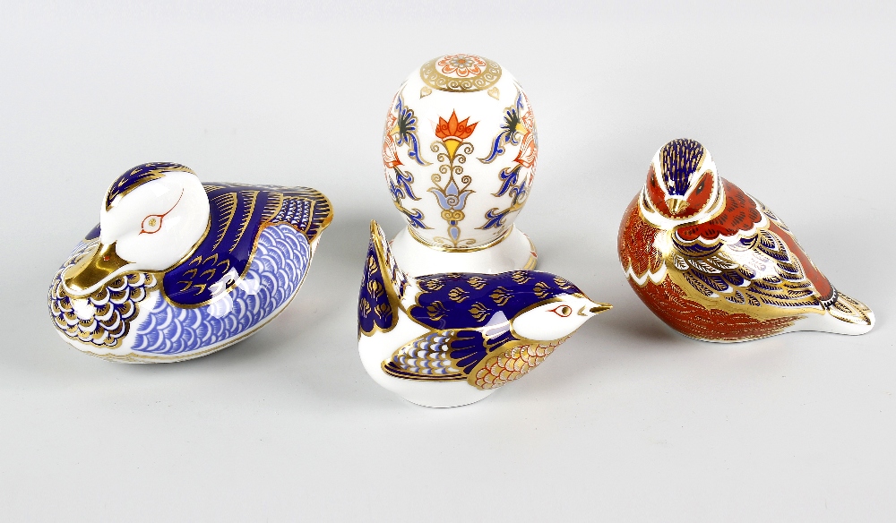 Three Royal Crown Derby birds Comprising a tufted duck, a wren and a finch, together with a Crown