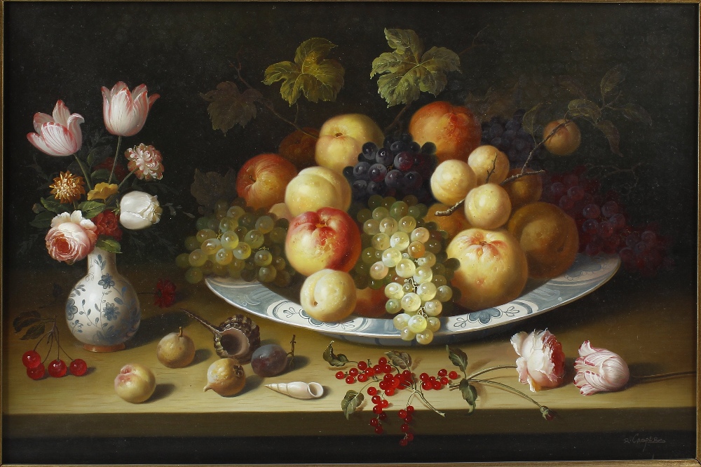 R. Casper (20th century)Still life with shells, a bowl of fruit, and vase of flowers on a table - Image 3 of 3