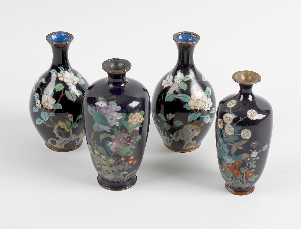 Six Japanese Meiji period cloisonne vases. Four with a blue finished ground, one decorated with