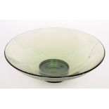 Whitefriars - A Sea Green shallow footed glass bowl decorated with six linear and lense cut