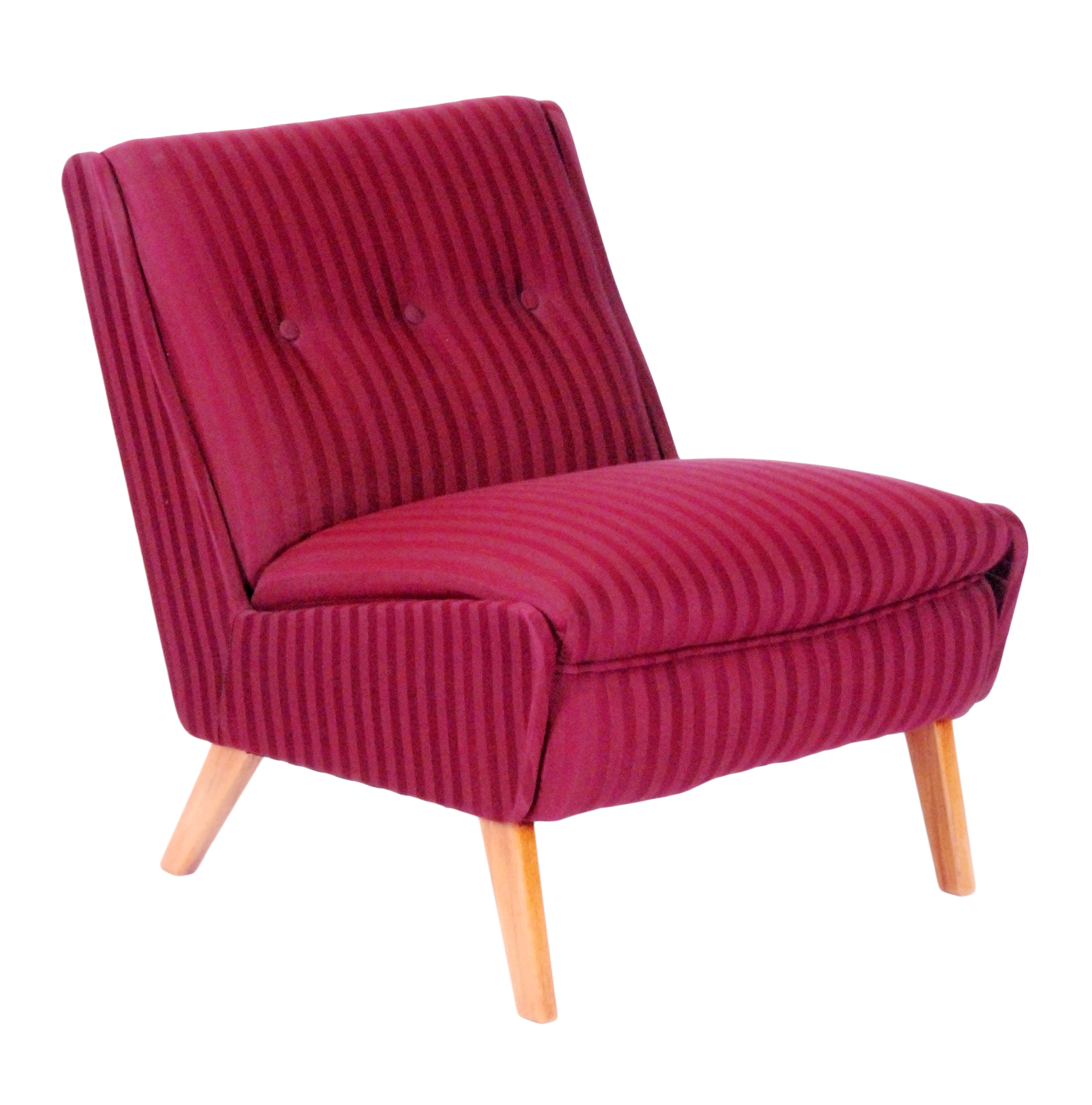 Ernest Race - A 'Woodpecker' occasional chair, with button down striped plum coloured upholstery