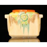 Clarice Cliff - Jonquil - A Stamford shape biscuit barrel circa 1933, hand painted with stylised