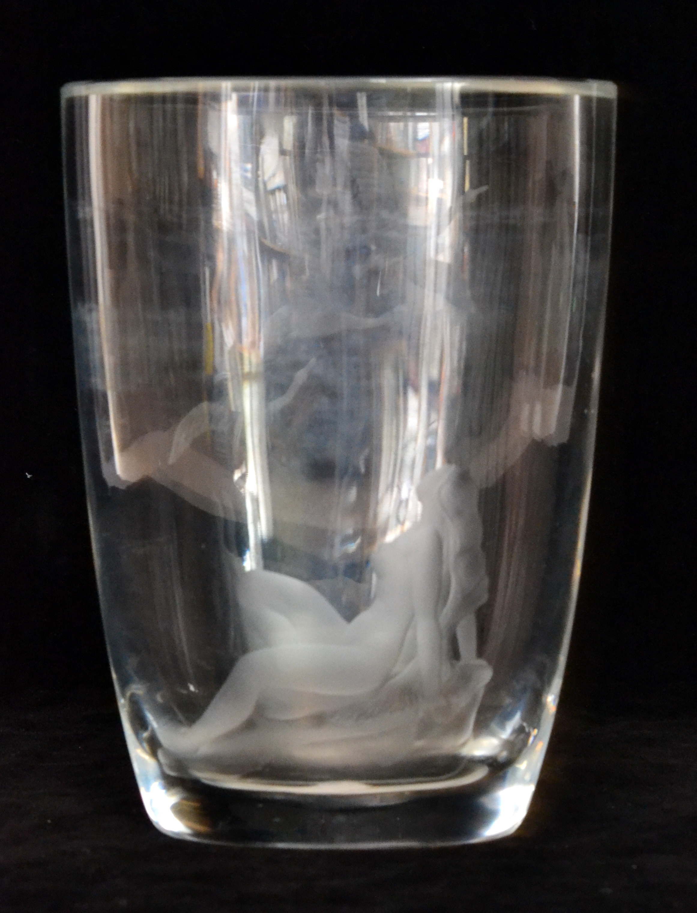 Sven Palmqvist - Orrefors - A post-war glass vase of compressed oval form engraved to one side with