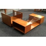 Tapley Furniture - Two teak and plate glass low level units on castors, height 41cm x width 55cm,