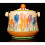 Clarice Cliff - Crocus - A shape 336 biscuit barrel circa 1929, hand painted with a band of Crocus