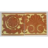 Maw & Co - A pair of 8in dust pressed tiles decorated with a continuous rose and foliate scroll