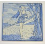 Copeland - An 8in plastic clay tile decorated with a transfer blue and white figure of a man in