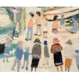 Fred Yates (1922 - 2008) - Numerous figures strolling on a beach, oil on board, signed, framed,