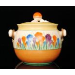 Clarice Cliff - Crocus - A shape 335 biscuit barrel circa 1952, hand painted with Crocus sprays