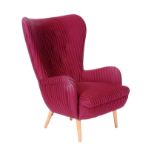 Ernest Race - A 'DA1' wing armchair, with button down striped plum coloured upholstery over tapered