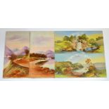 Unknown - Two 6in x 12in dust pressed tile panels each painted by hand with scenes of Loch Katrine,