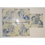Copeland - Five late 19th Century 5in dust pressed tiles decorated in the 18th Century Delft style
