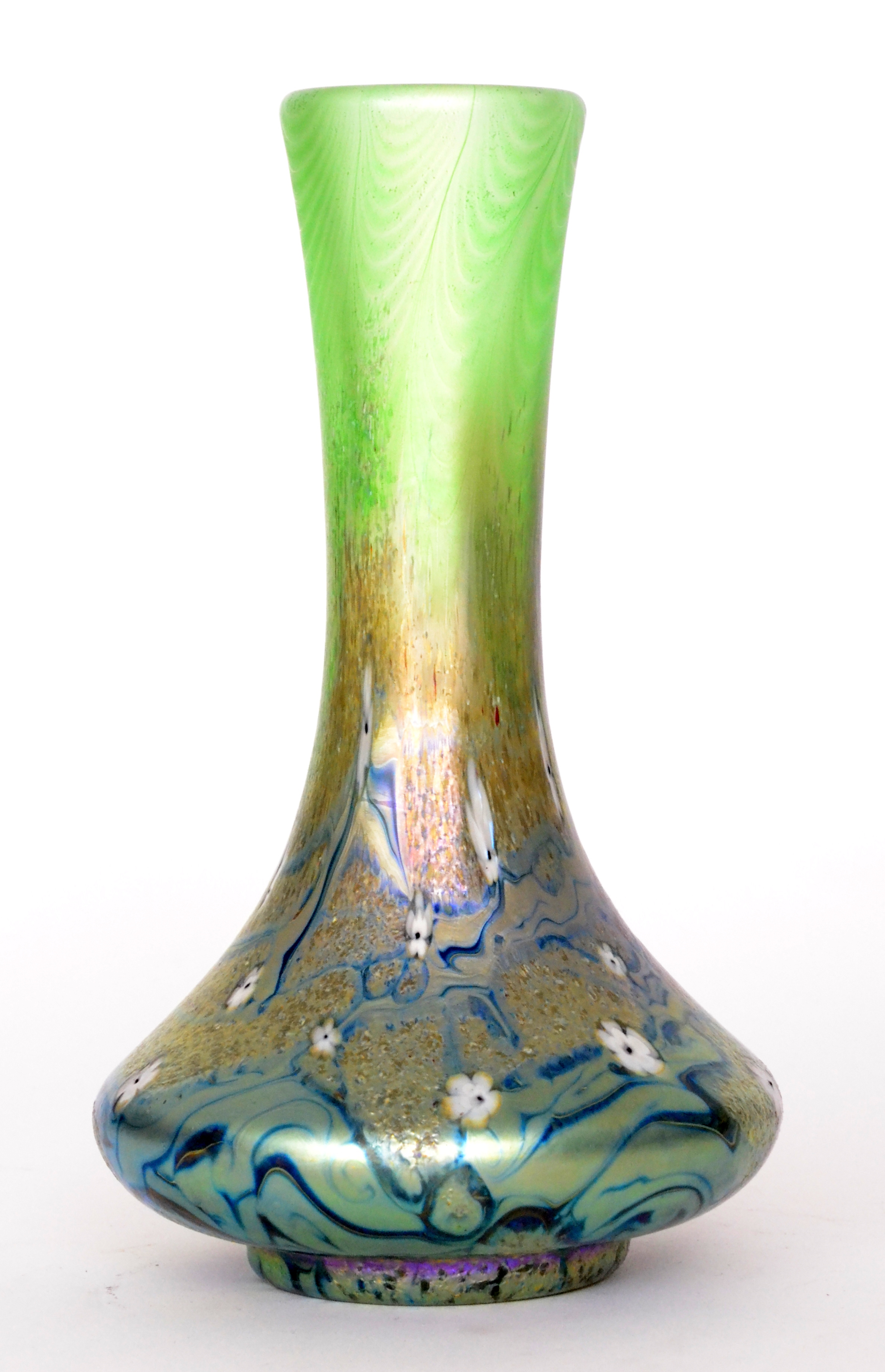 Dave Barras - Okra - A studio glass vase of compressed globe and shaft form decorated with blossom