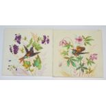 Minton's - Two 8in dust pressed tiles decorated by hand, each with a hummingbird amidst flowers and