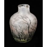 Daum - A miniature landscape cameo glass vase of ovoid form with collar neck decorated in the rain