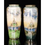 A pair of 1920s Royal Worcester Crown Ware lustre vases each decorated with a turreted castle in