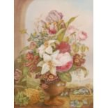 A 19th Century porcelain tile panel hand painted with a vase of flowers on a window ledge with a