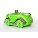 A 1930s Sadler teapot modelled as a green racing car with silver lustre trims,