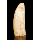 A large 19th Century scrimshaw marine tooth, finely carved with a lady in period dress and bonnet,