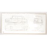 Three limited edition prints of scale drawings of a two door Riley saloon motor vehicle by the