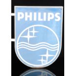 A 1960s double sided blue and white painted advertising sign for Phillips radio in frame and wall