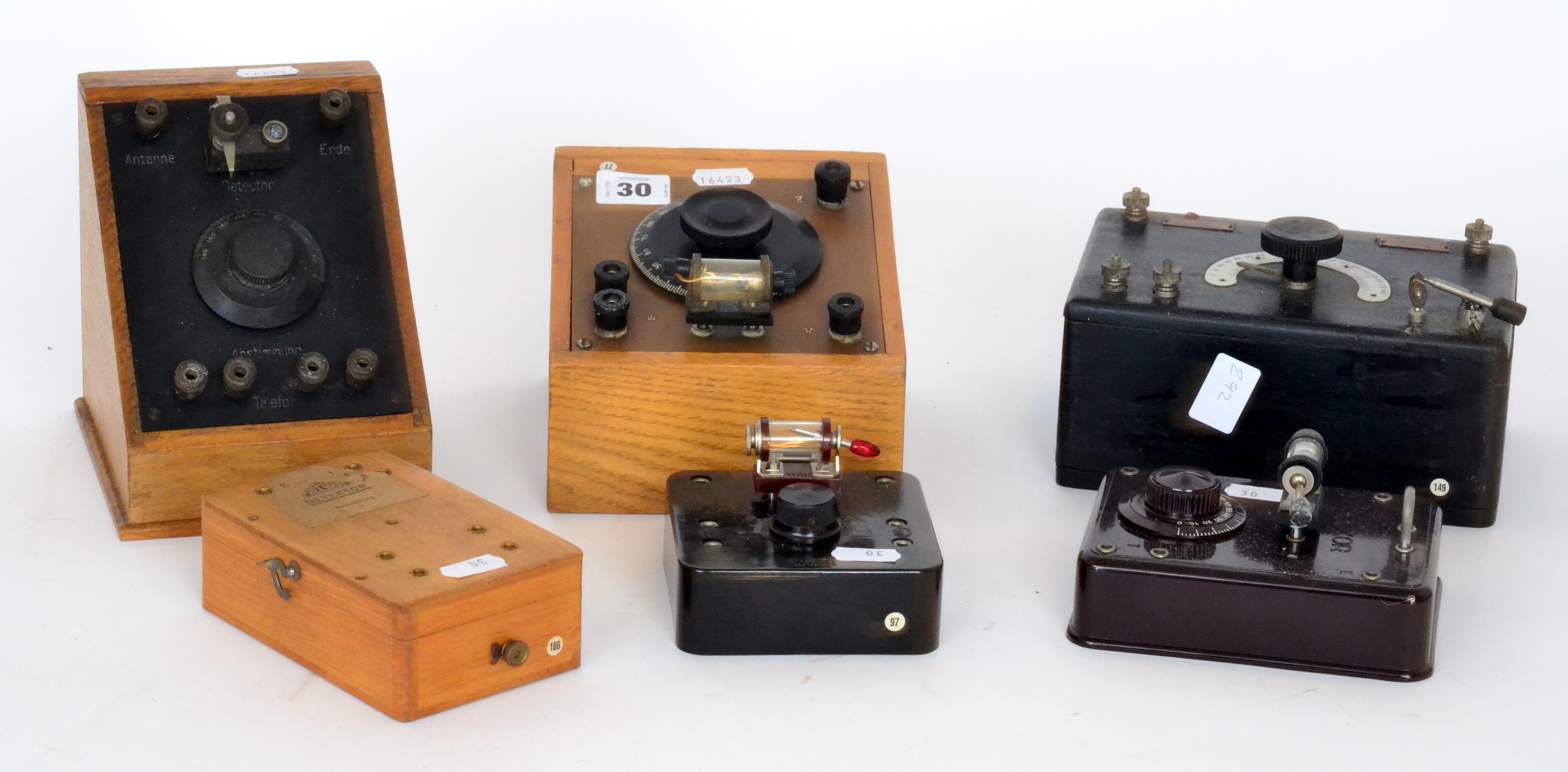 A collection of 1930s and later crystal sets each with galena detectors,