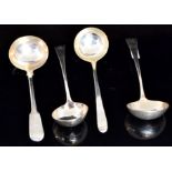 Four George III hallmarked silver sauce ladles, one fiddle pattern,